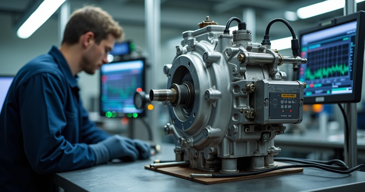 Mecânico analisando bomba de alta pressão diesel em bancada de teste 