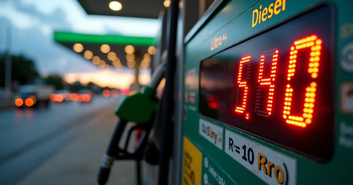 Painel de bomba de combustível marcando preço alto do diesel em posto brasileiro 