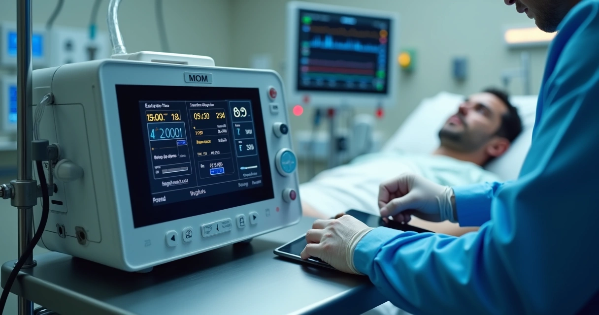 Médico conferindo cálculos em bomba de infusão em unidade de terapia intensiva 