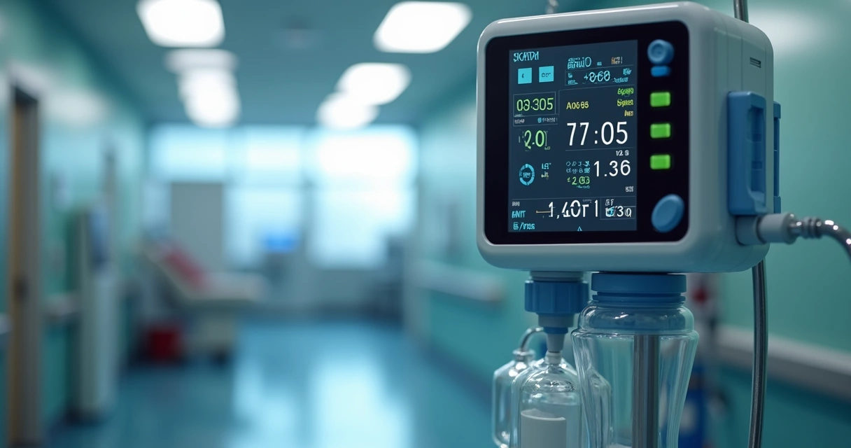 Bomba de infusão hospitalar ao lado de leito de UTI 