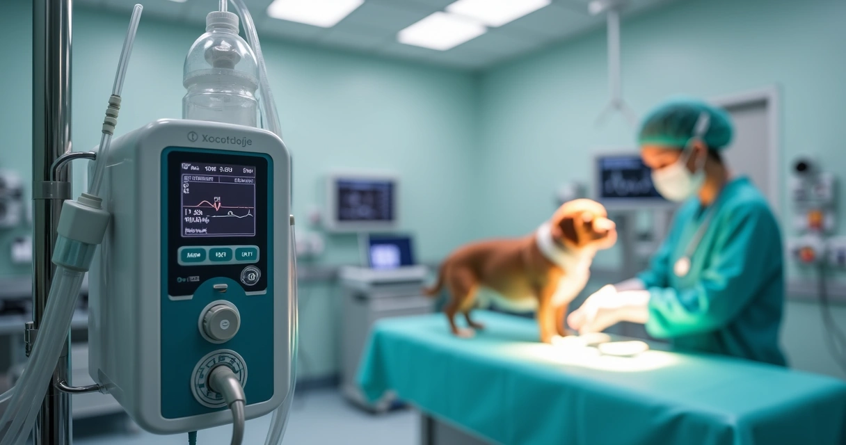 Bomba de infusão conectada a paciente veterinário em centro cirúrgico