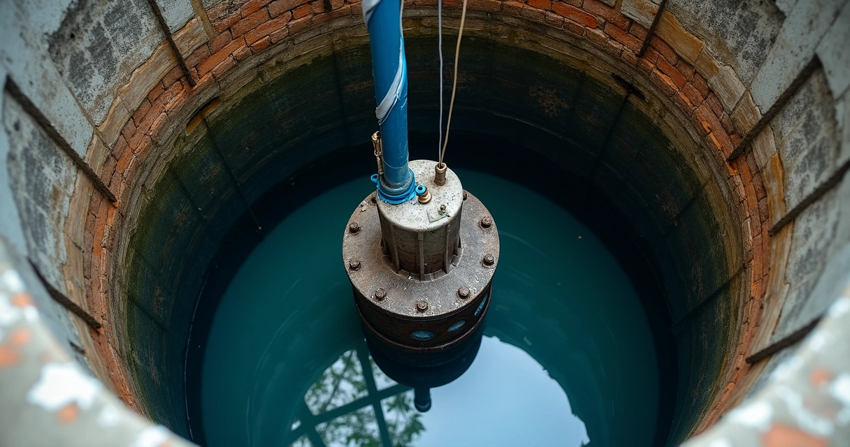 Poço profundo com bomba sapo submersa e tubulação visível 