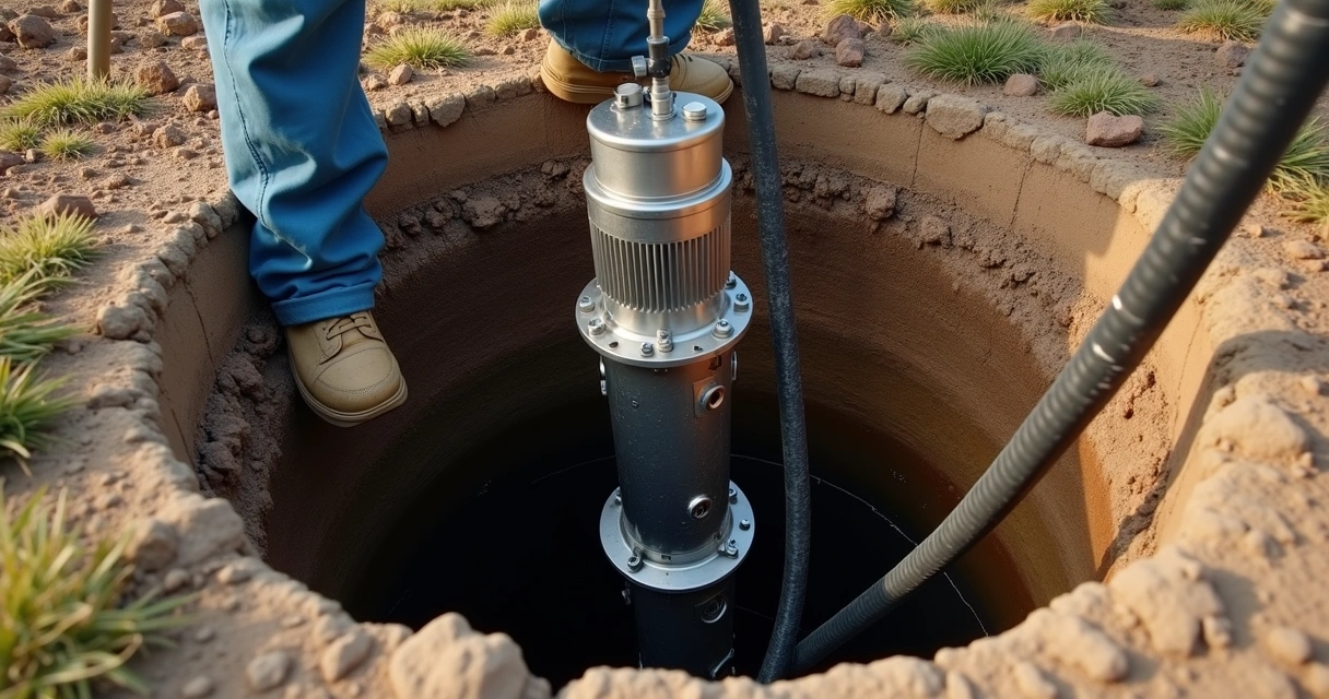Bomba submersa sendo instalada em poço artesiano rural 