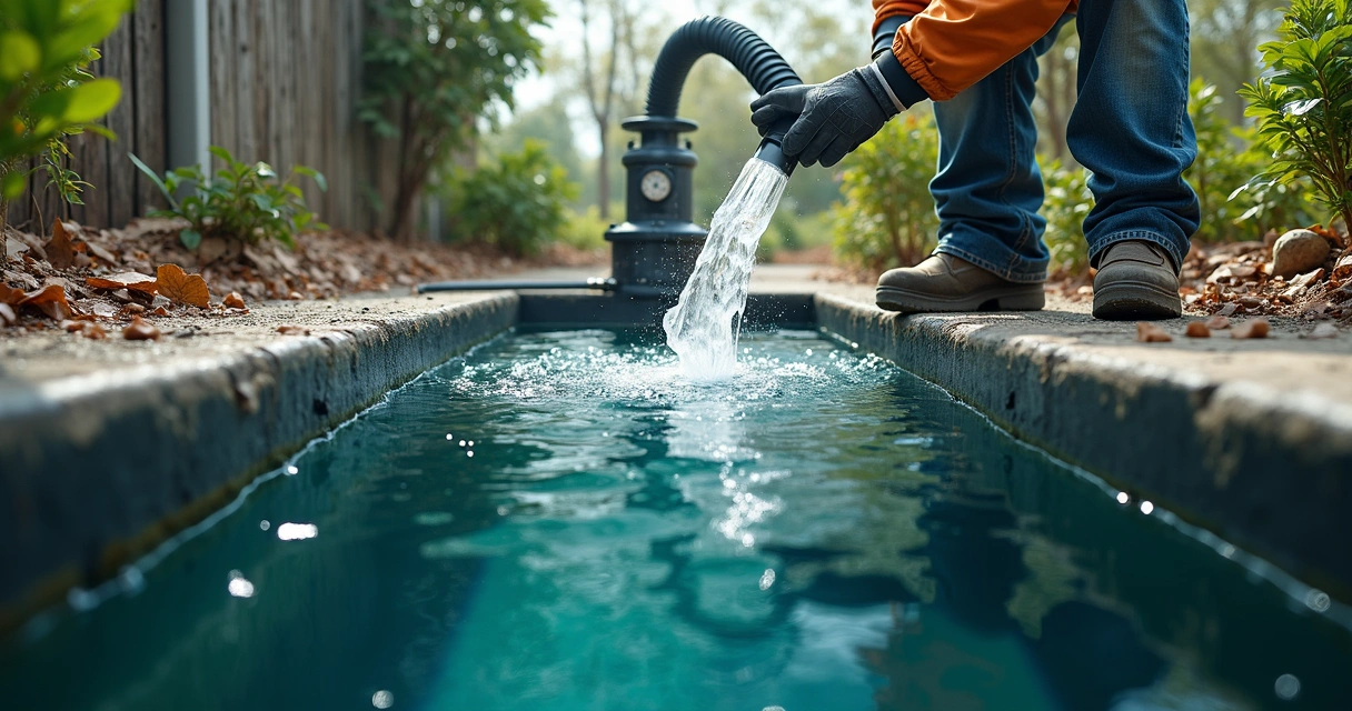 Vista de poço com bomba submersa e trabalhador instalando 