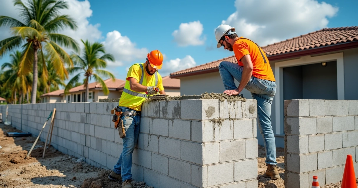 Workers pouring concrete bond beam into block wall