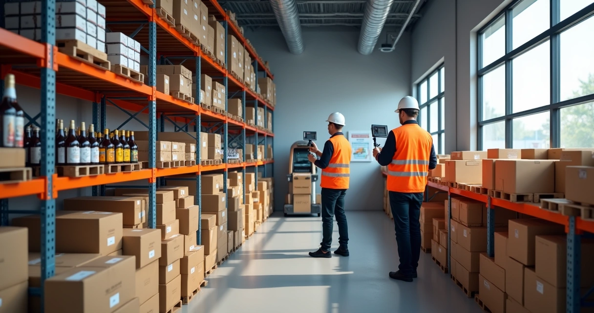 Bonded store inventory area with color-coded shelves and staff using scanners 