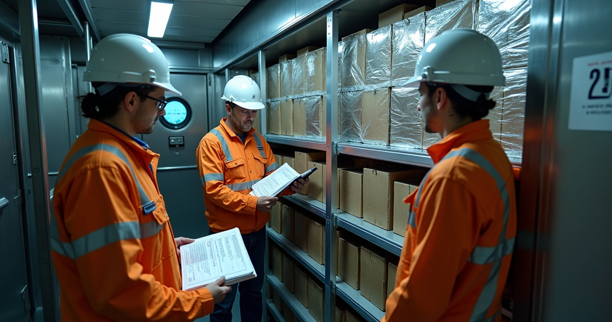 Supervisor and crew performing bonded stores inventory control on ship deck 