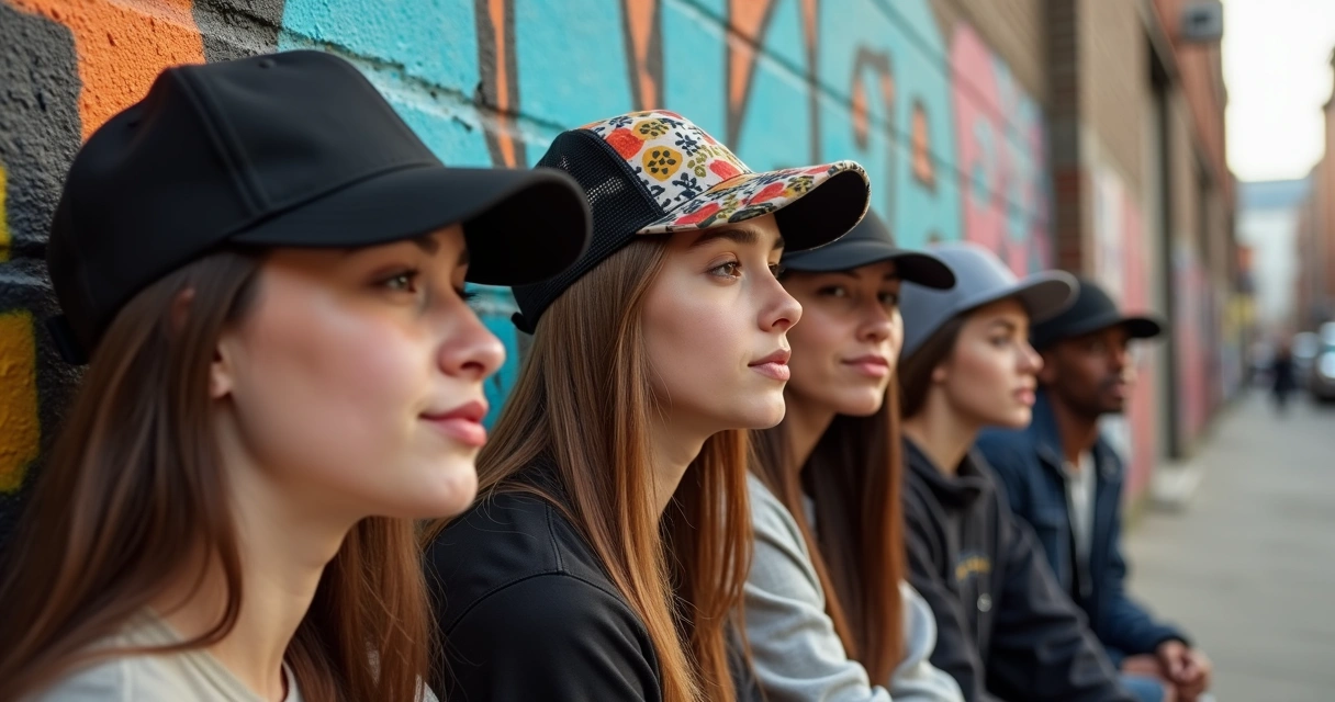 Modelos de boné em rosto redondo em contexto urbano 