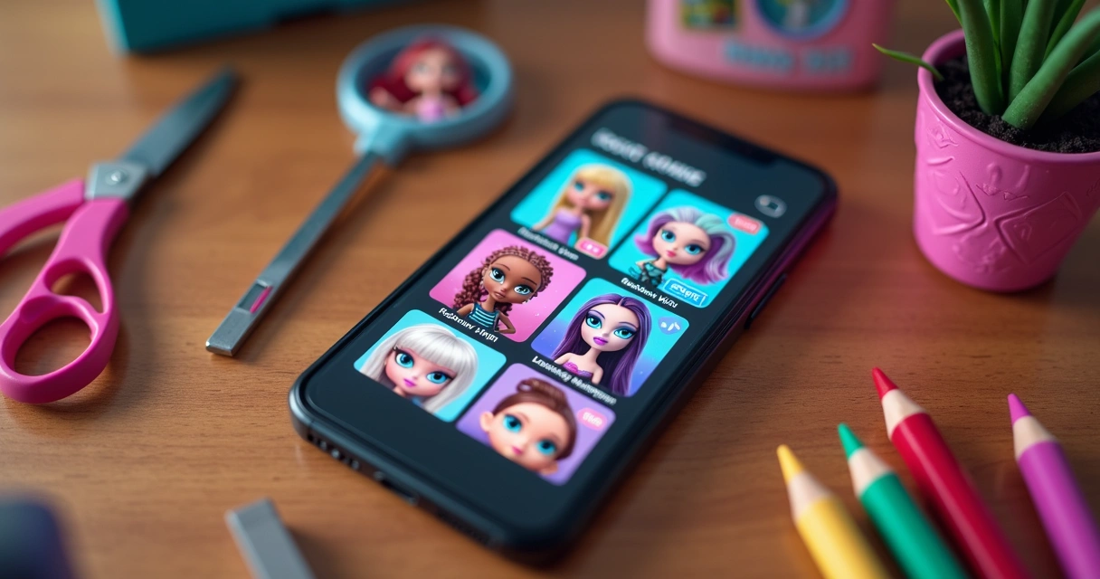 Tela de aplicativo com bonecas em coleções, fotos e descrições 