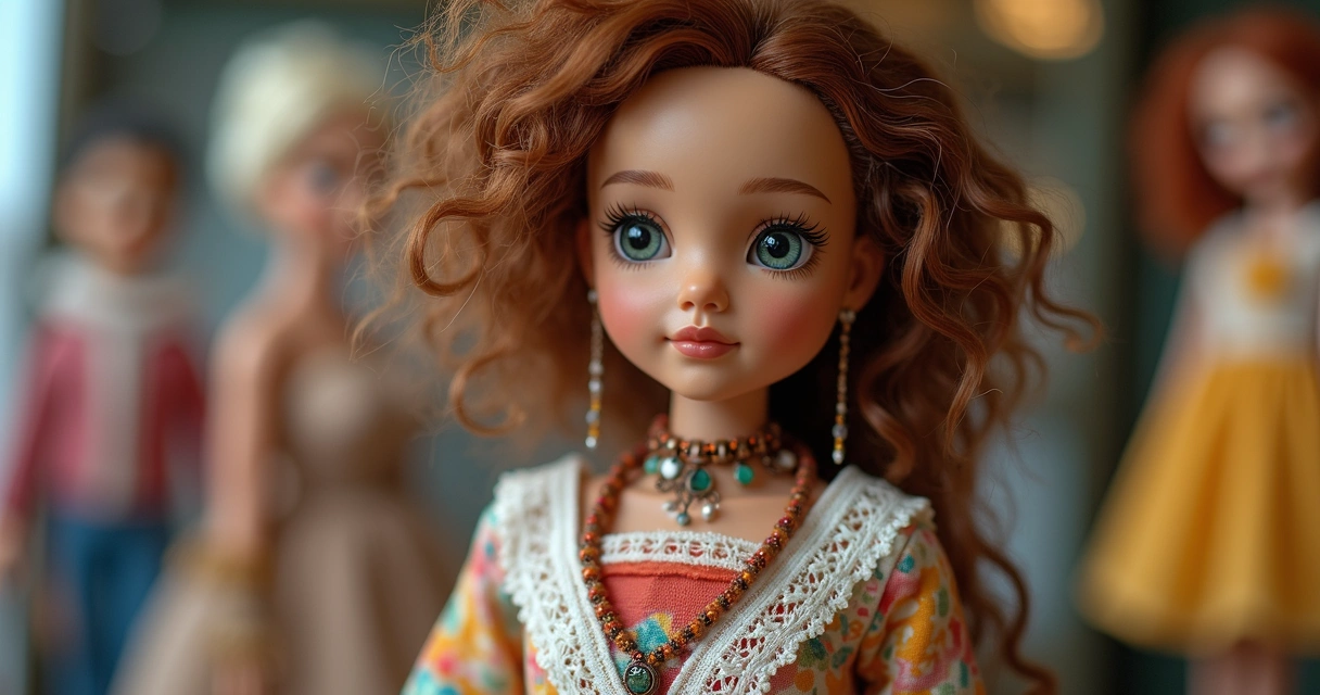 Boneca colecionável usando vestido improvisado e acessórios artesanais 