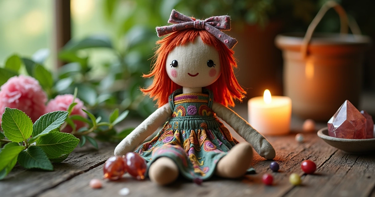 Boneca artesanal feita de pano colorido, decorada para ritual esotérico