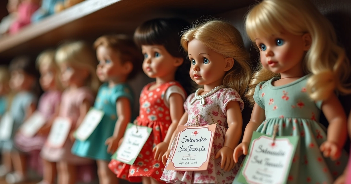 Prateleira com bonecas organizadas mostrando etiquetas de identificação