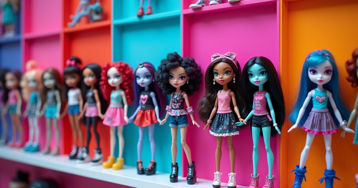 Várias bonecas Monster High expostas em prateleiras organizadas e coloridas 