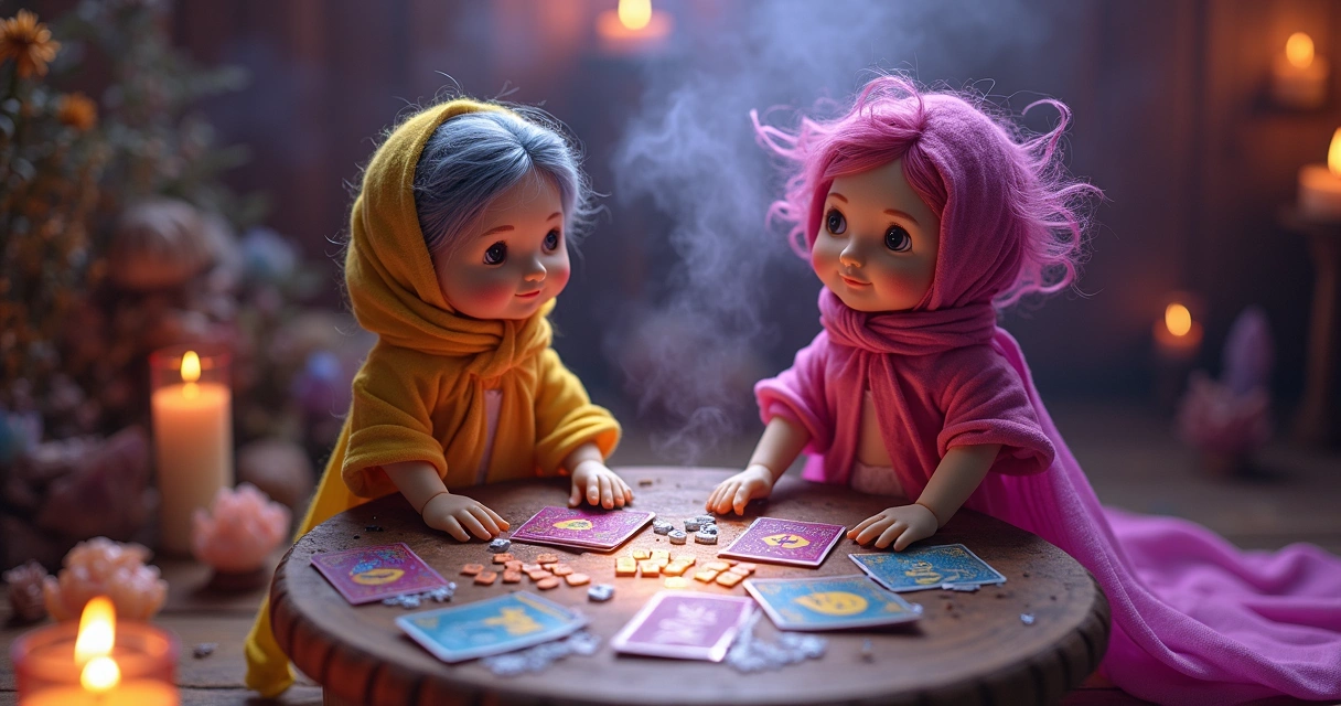 Bonecas esotéricas ao redor de mesa com tarot e runas 