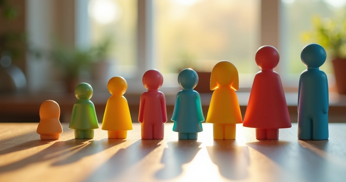 Bonecos coloridos representando familiares numa mesa de madeira