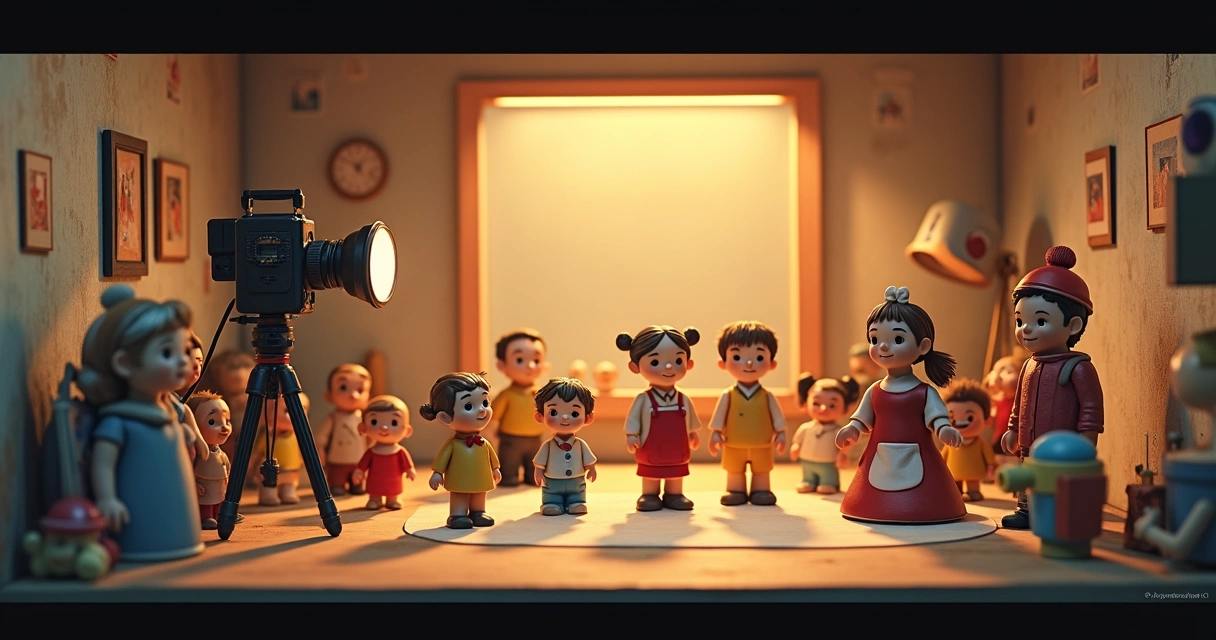 Bonecos de stop motion em um cenário clássico 