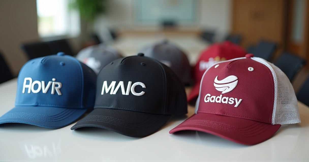 Vários bonés personalizados exibindo diferentes logotipos de empresas 