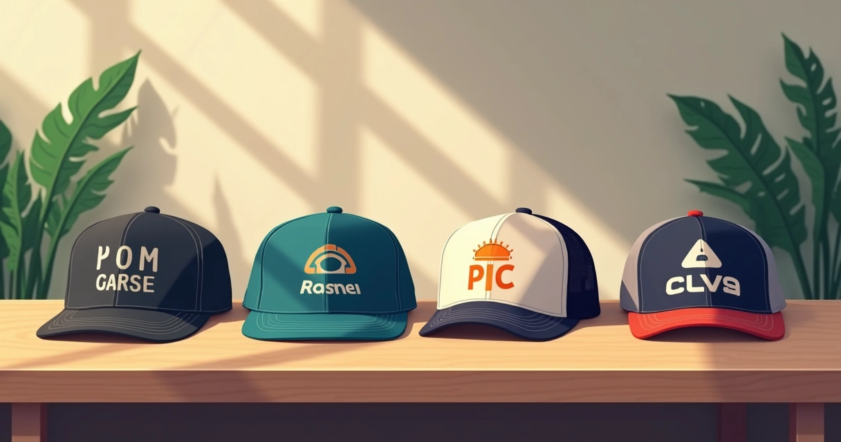 Bonés personalizados variados em cima de mesa de madeira 