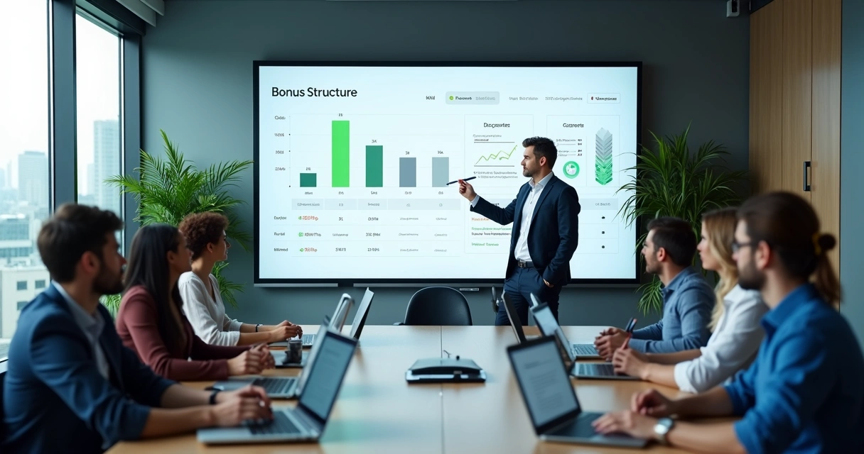 Gestor de tecnologia explicando quadro de metas e bônus para equipe em escritório moderno 