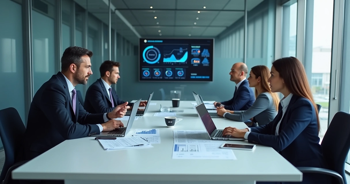 Office team reviewing sales bonus charts in a tense meeting