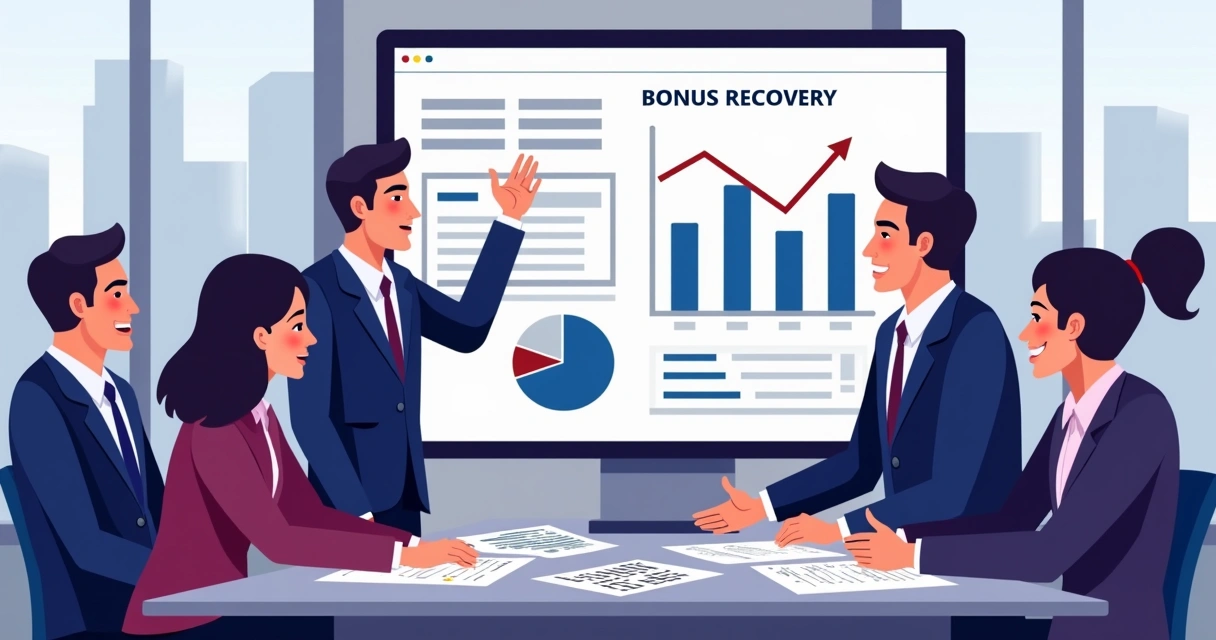 Business team reviewing a dashboard with a highlighted bonus recovery graph 
