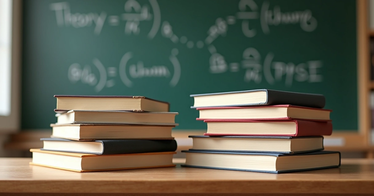 Stack of books divided into theory and practice 