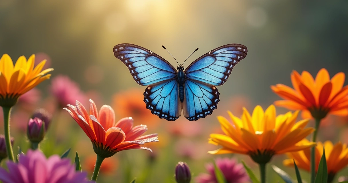 Borboleta azul voando sobre flores coloridas.