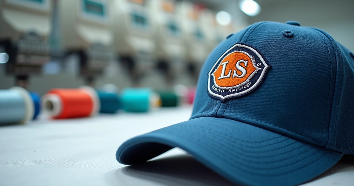 Detalhe de boné personalizado mostrando acabamento de bordado em logotipo 