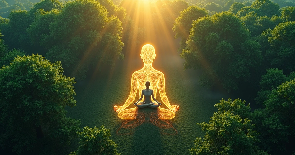 Bosque visto desde arriba fusionado con silueta humana meditando 