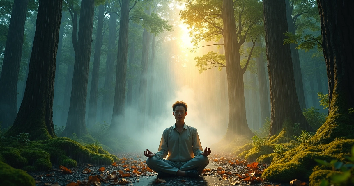 Persona meditando en un bosque interno mitad tormenta mitad calma 