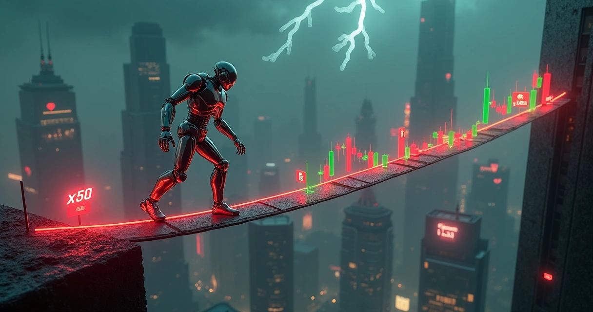 Robô gigante desequilibrando-se em corda bamba sobre moedas de criptomoedas 