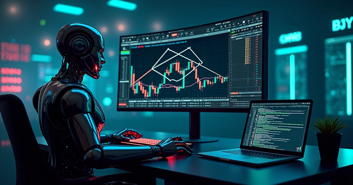 Tela com gráfico de arbitragem triangular de criptomoedas ao lado de robô trader em ambiente escuro futurista 