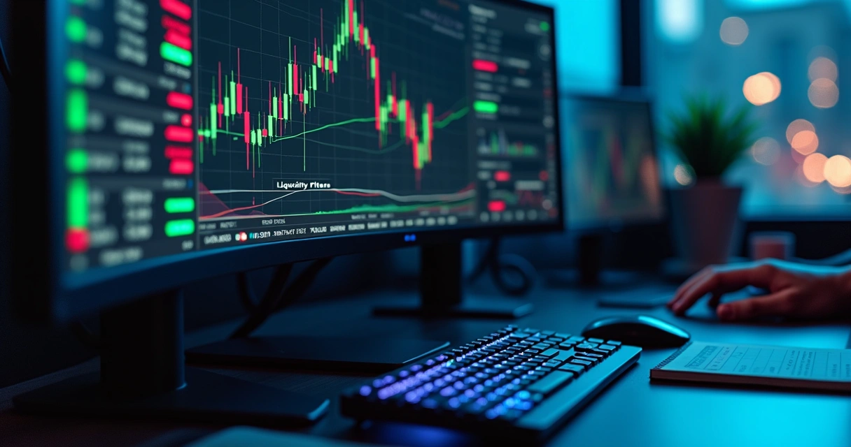 Painel de bot de cripto com gráfico de liquidez e livro de ofertas na tela 