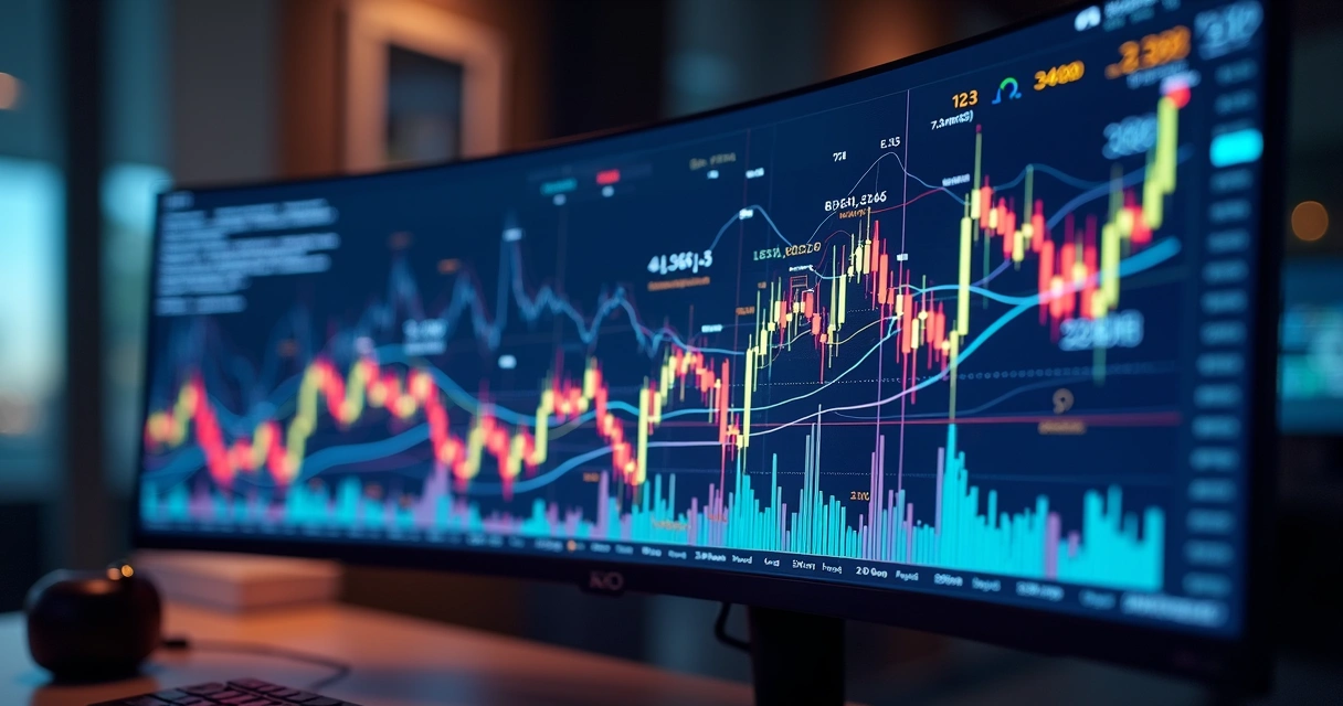 Interface de plataforma automatizada de trading de criptomoedas com gráficos digitalizados e ícones de inteligência artificial 