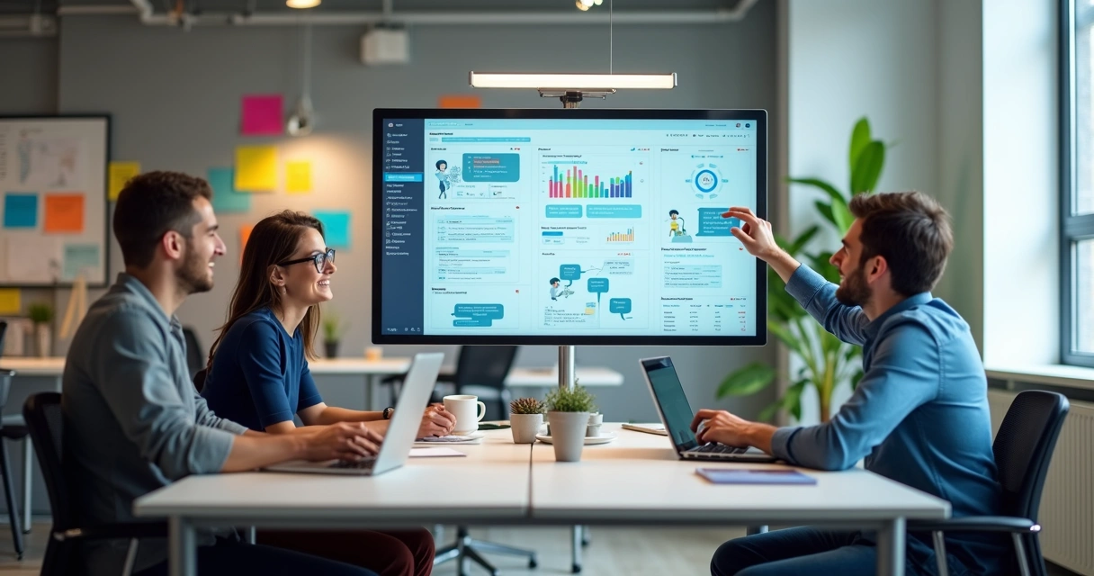 Equipe de pequena empresa analisando chatbot com IA 