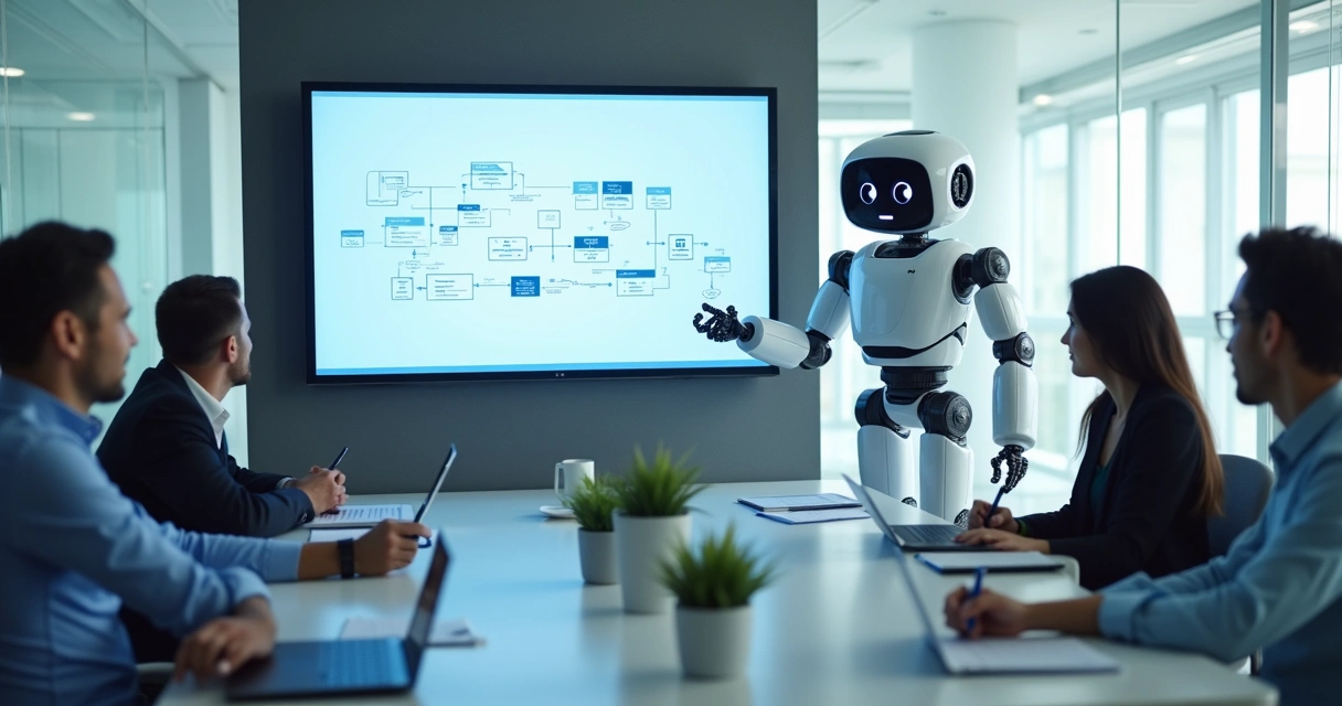 Robô digital explicando processos para equipe ao redor de uma mesa 