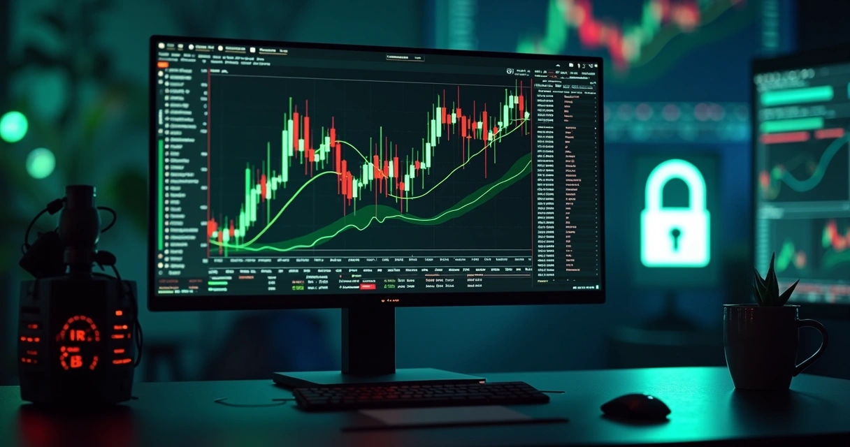 Tela de computador com gráficos de preços de criptomoedas e código de bot de negociação