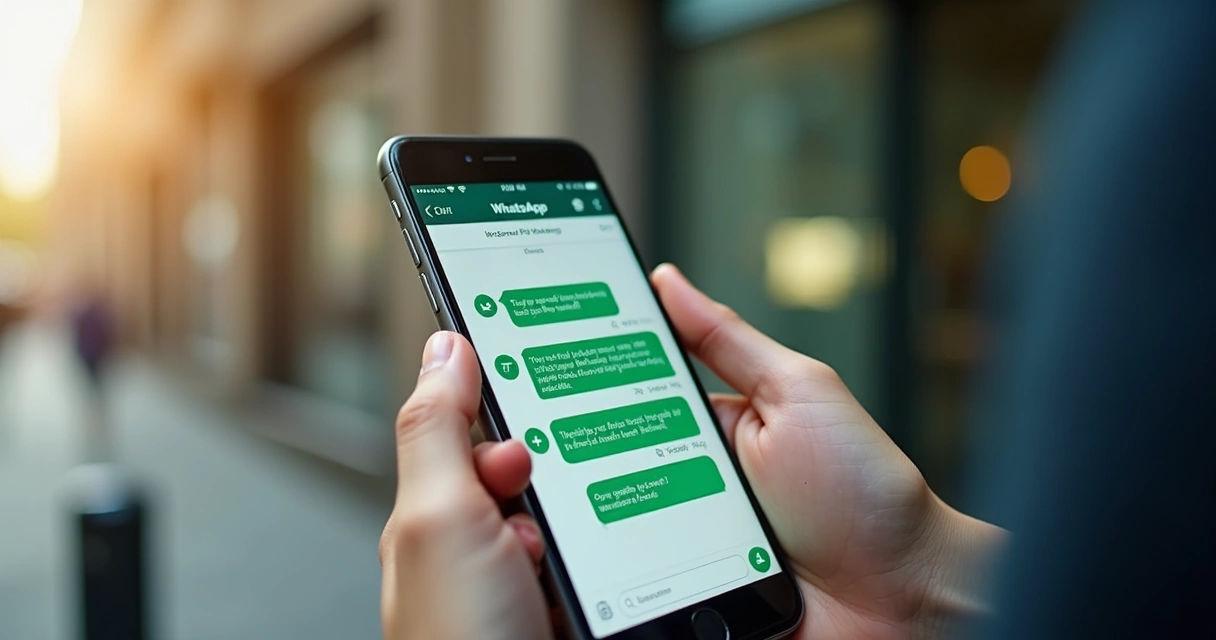 Tela de smartphone mostrando conversa realista no WhatsApp com mensagens automáticas naturais 