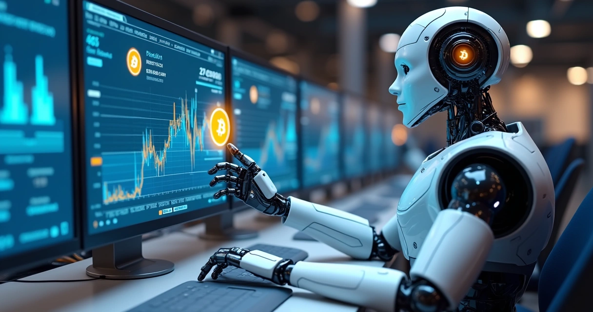 Robô digital operando criptomoedas em nuvem, com gráficos.