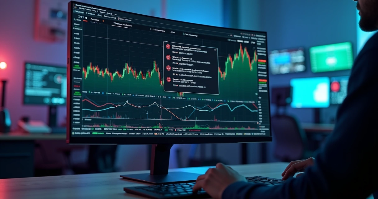 Tela de computador exibindo gráficos de trading e alertas de ajustes em bot de trading criptomoedas 