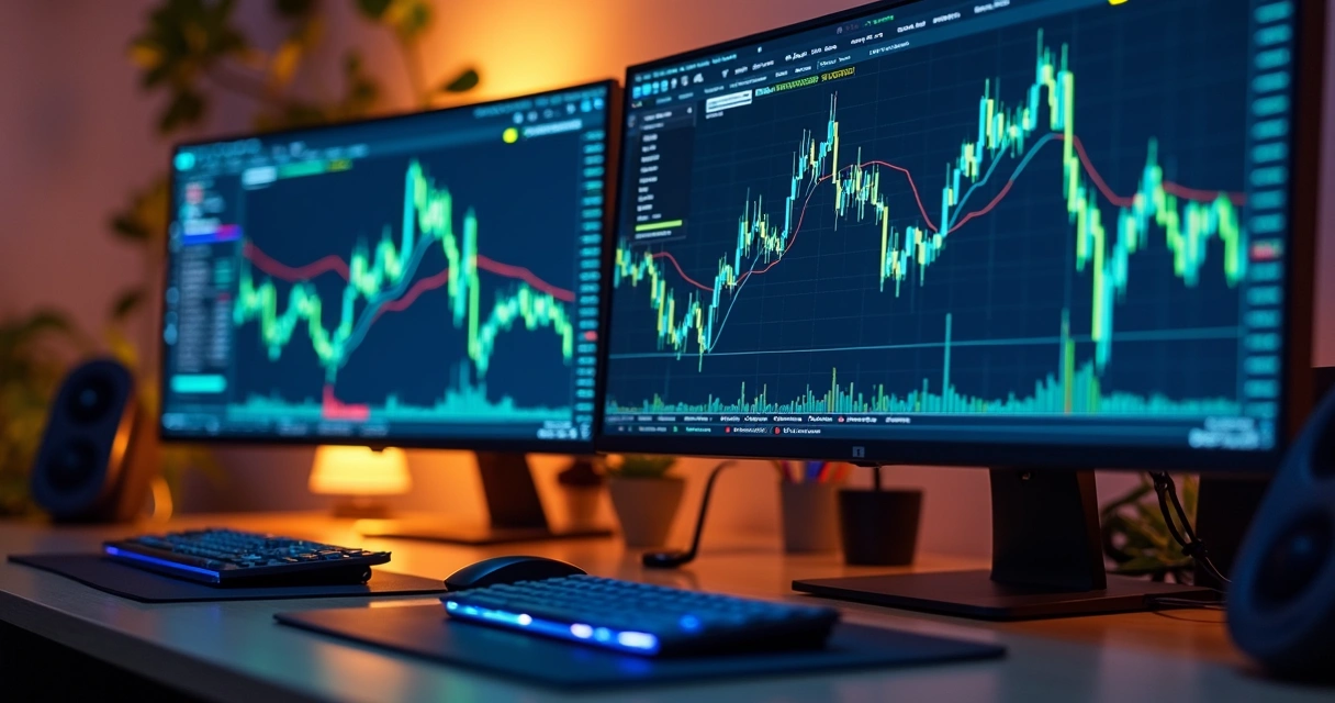 Tela de computador mostrando múltiplos gráficos de criptomoedas em alta resolução com interface de bot de trading da Binance 