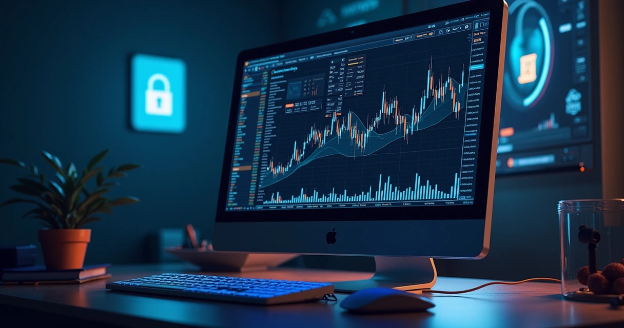 Interface de robô de trading monitorando gráficos de criptomoeda 