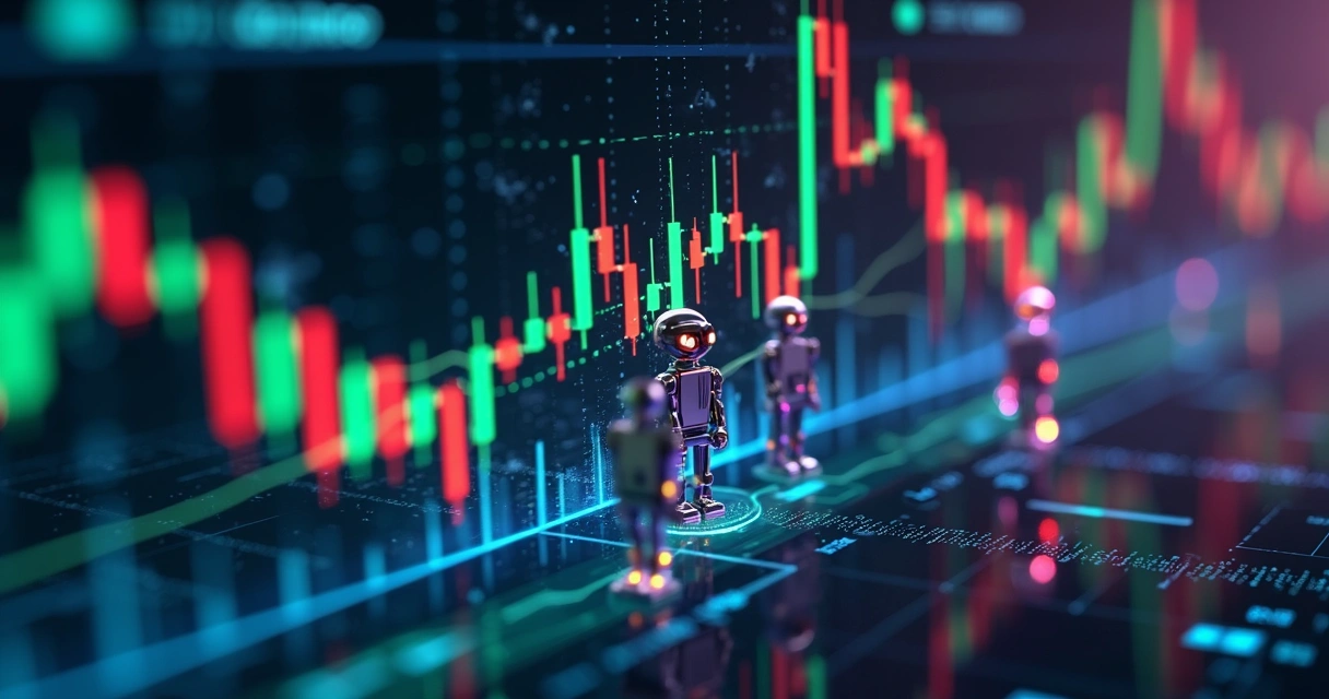 Interface digital mostrando gráficos de criptomoedas com elementos virtuais de inteligência artificial e robôs de trading 