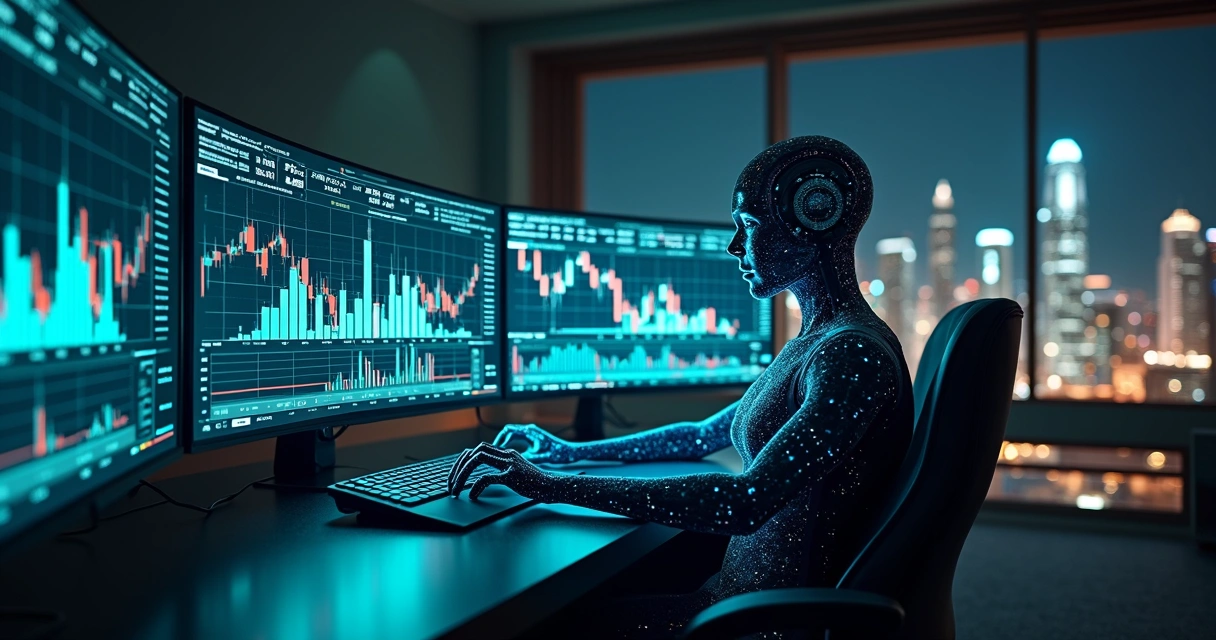 Bot de trading de IA monitorando gráficos voláteis de criptomoedas em várias telas 
