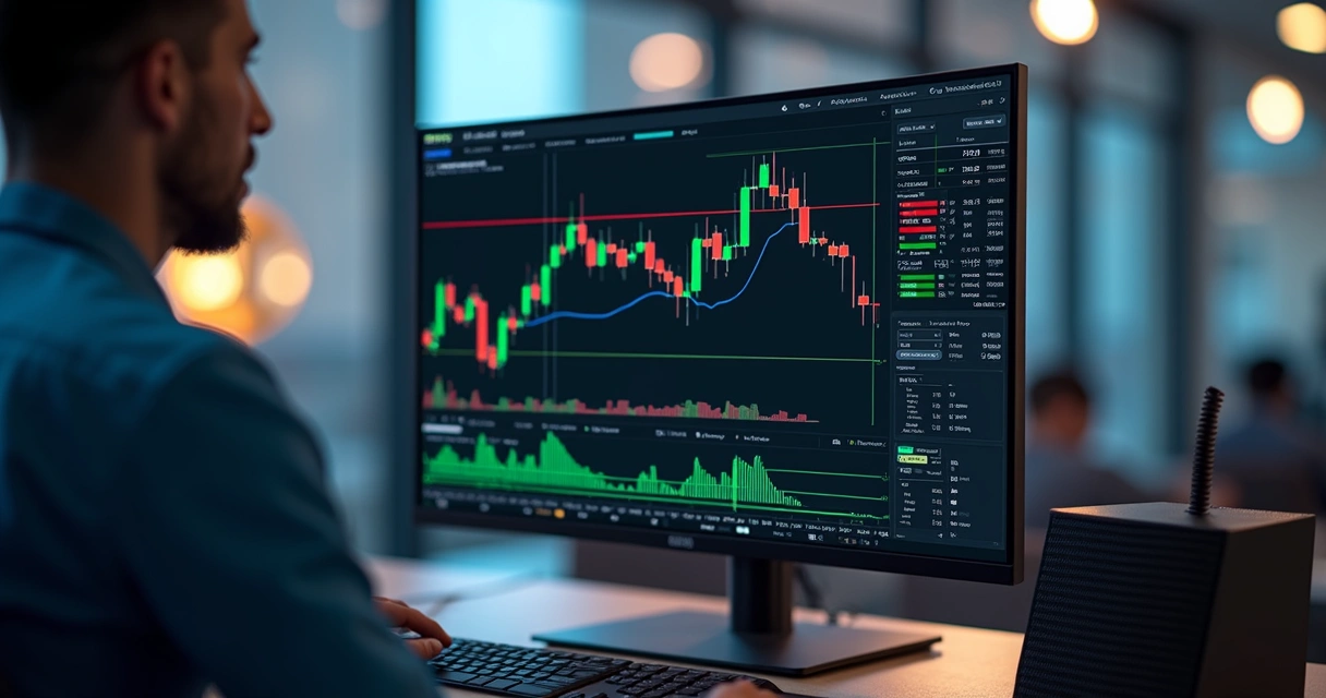 Tela de computador com gráfico financeiro mostrando trailing stop ativo em bot de trading de criptomoedas 