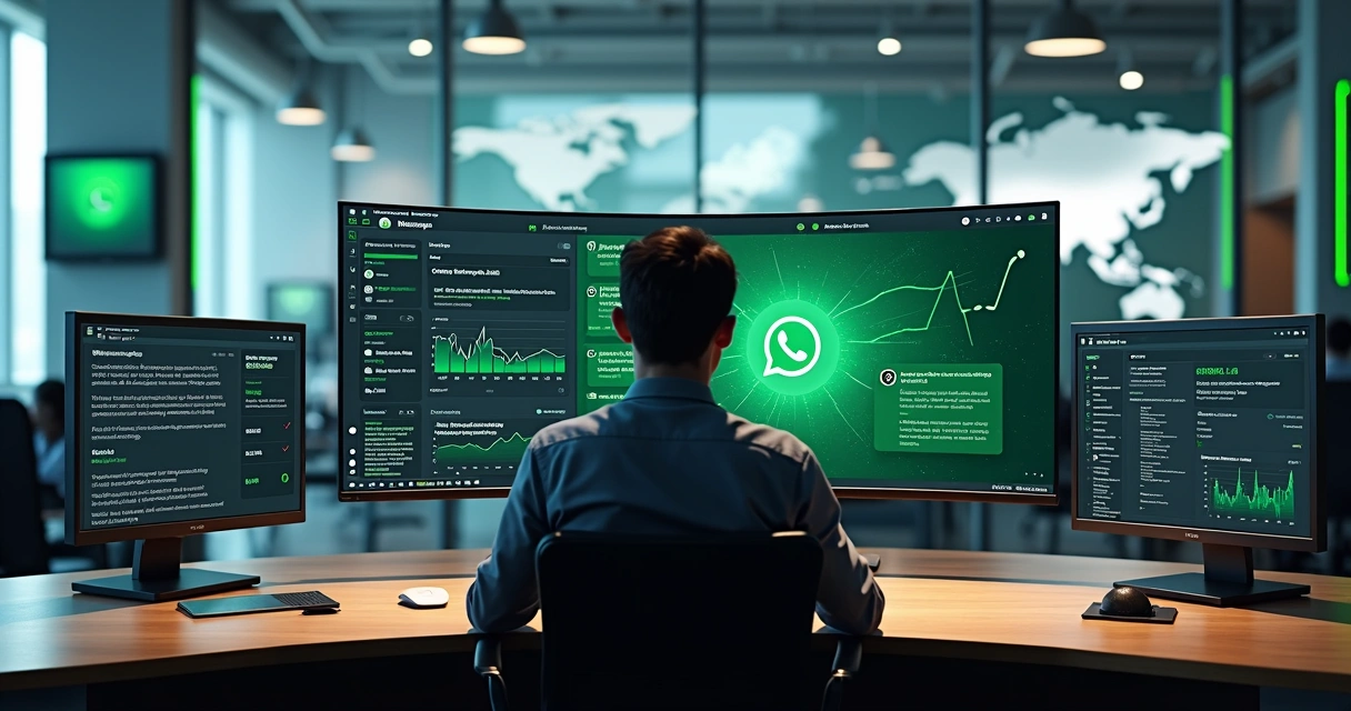 Administrador monitora bot de WhatsApp enviando notícias em múltiplas telas 