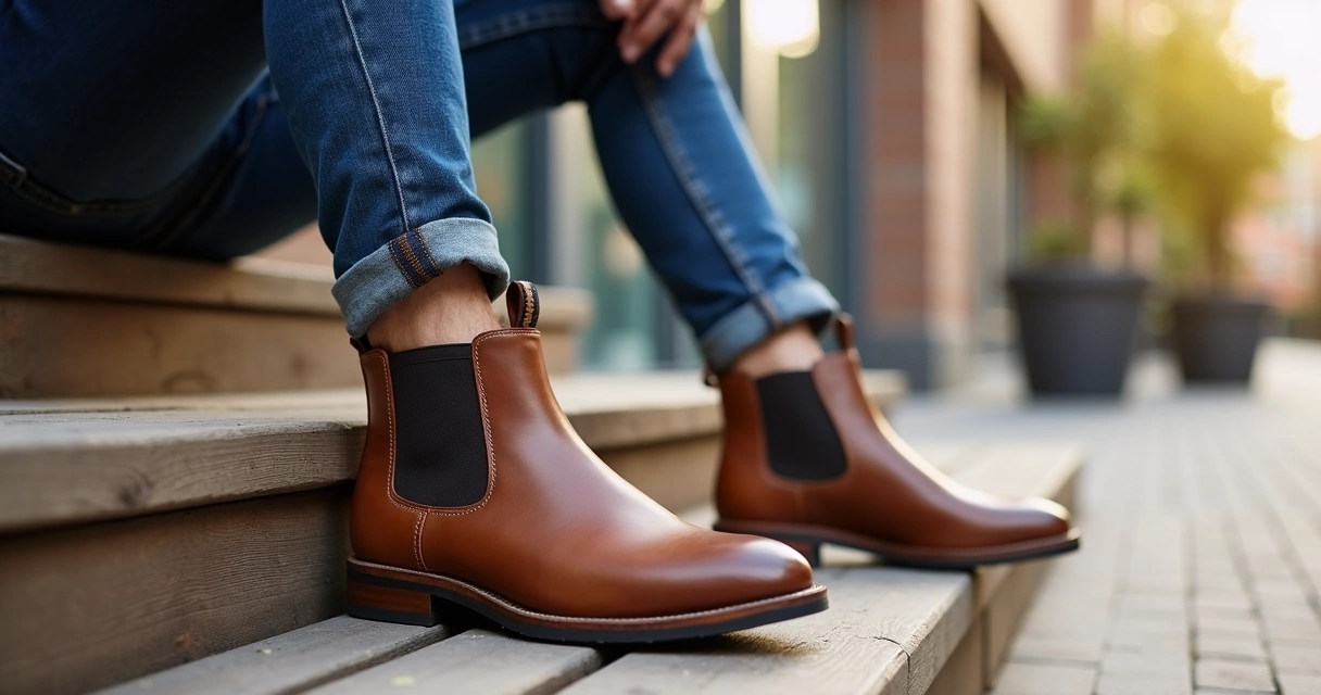 Bota Chelsea masculina marrom com calça jeans slim 