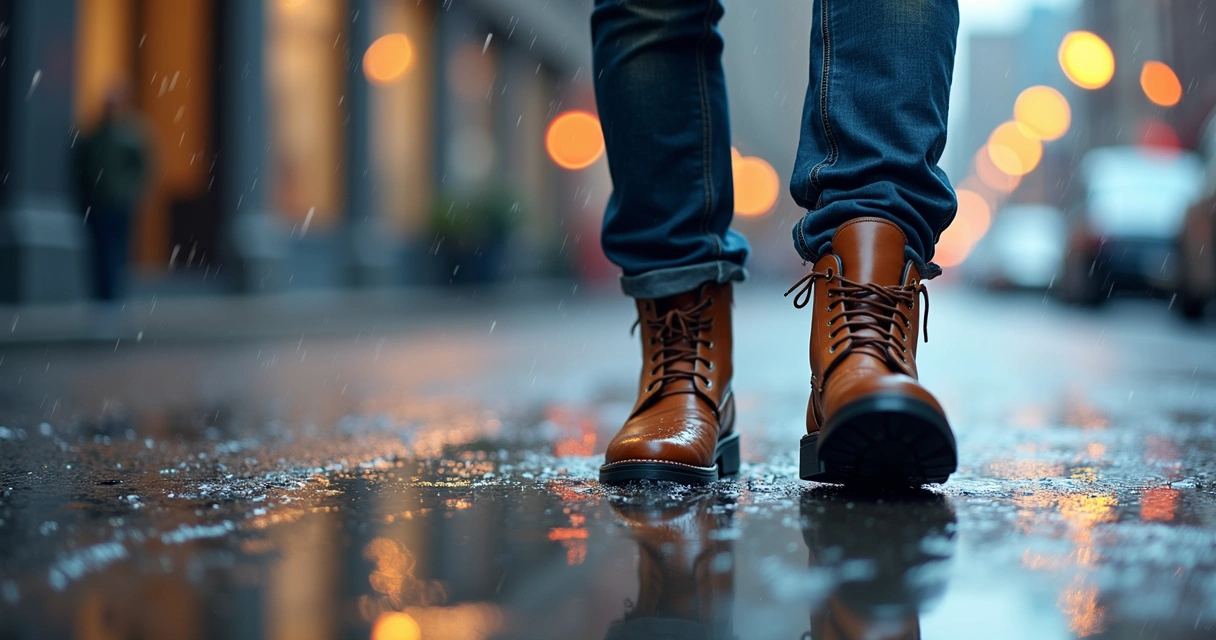 Homem usando bota marrom caminhando em rua molhada.