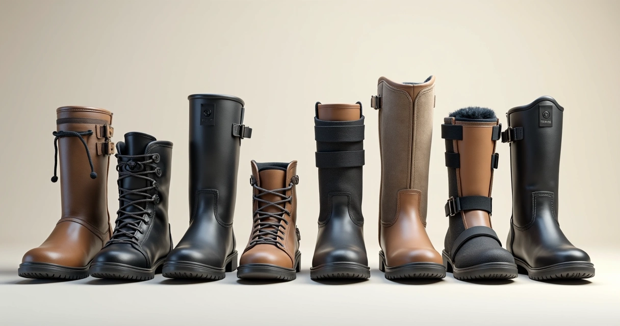 Different models of orthopedic boots lined up 