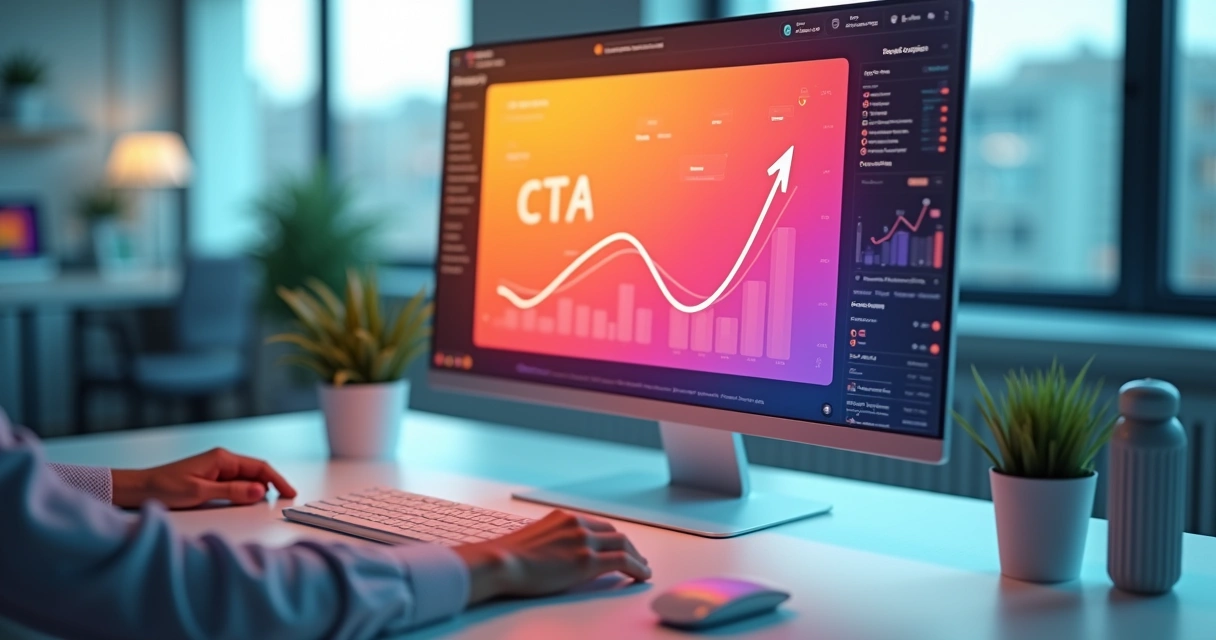 Mão clicando em grande botão de call to action colorido em tela de computador 